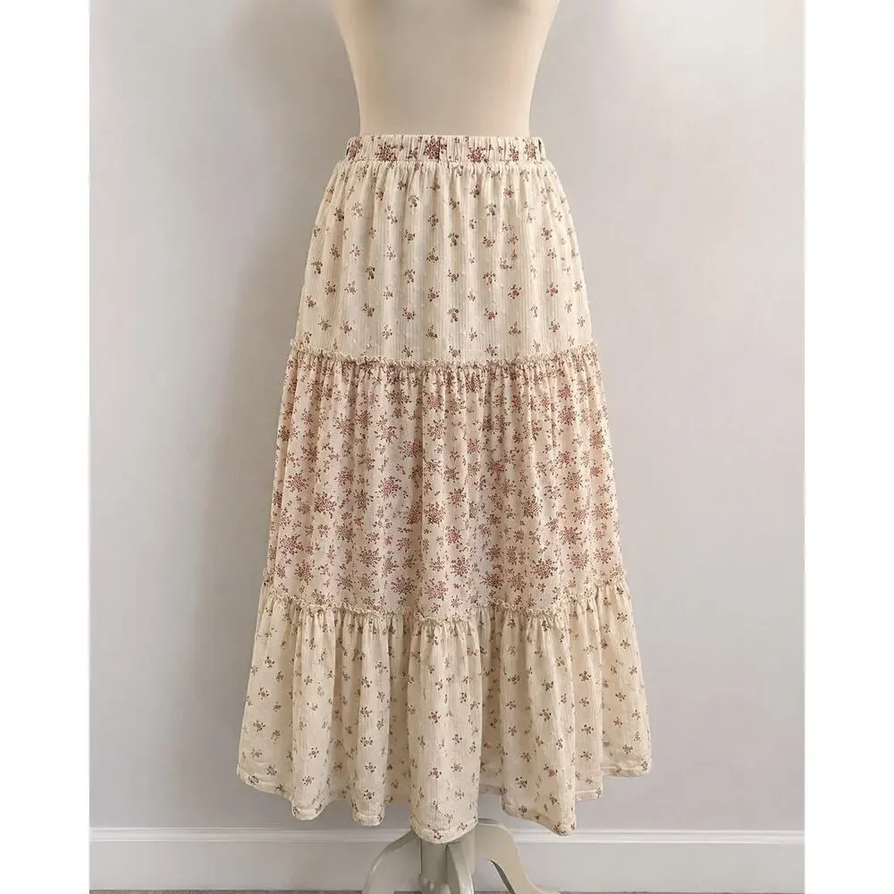 Cream Floral Tiered Maxi Skirt XS Cottagecore Prairie Coquette Y2K Ditsy Boho